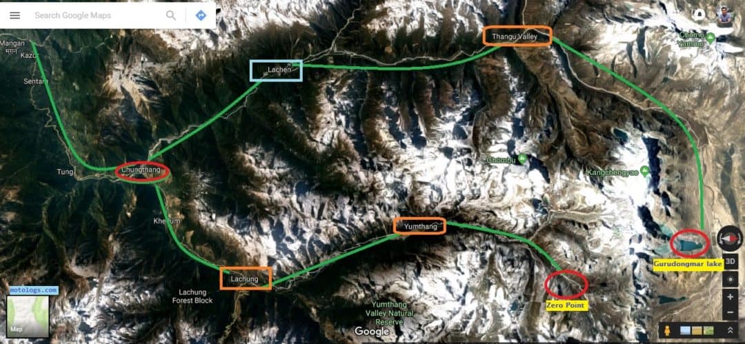 North Sikkim Bike Trip Route Map - Lachen and Lachung