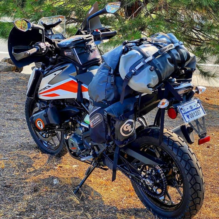 Fully Loaded KTM 390 Adventure with soft saddle bags and accessories.